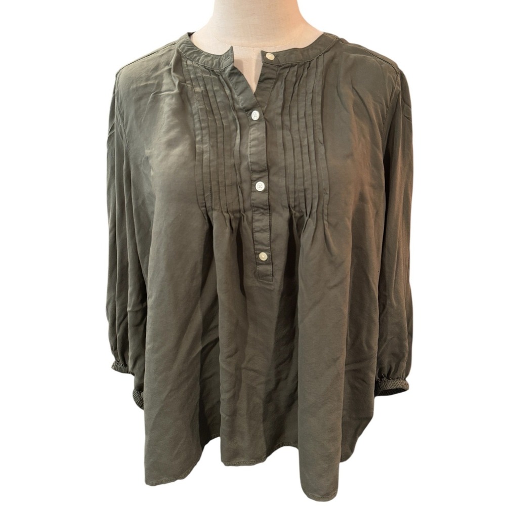 Gap Womens XL Olive Green Pintuck Pleated Henley Blouse Long Sleeve Rayon Top